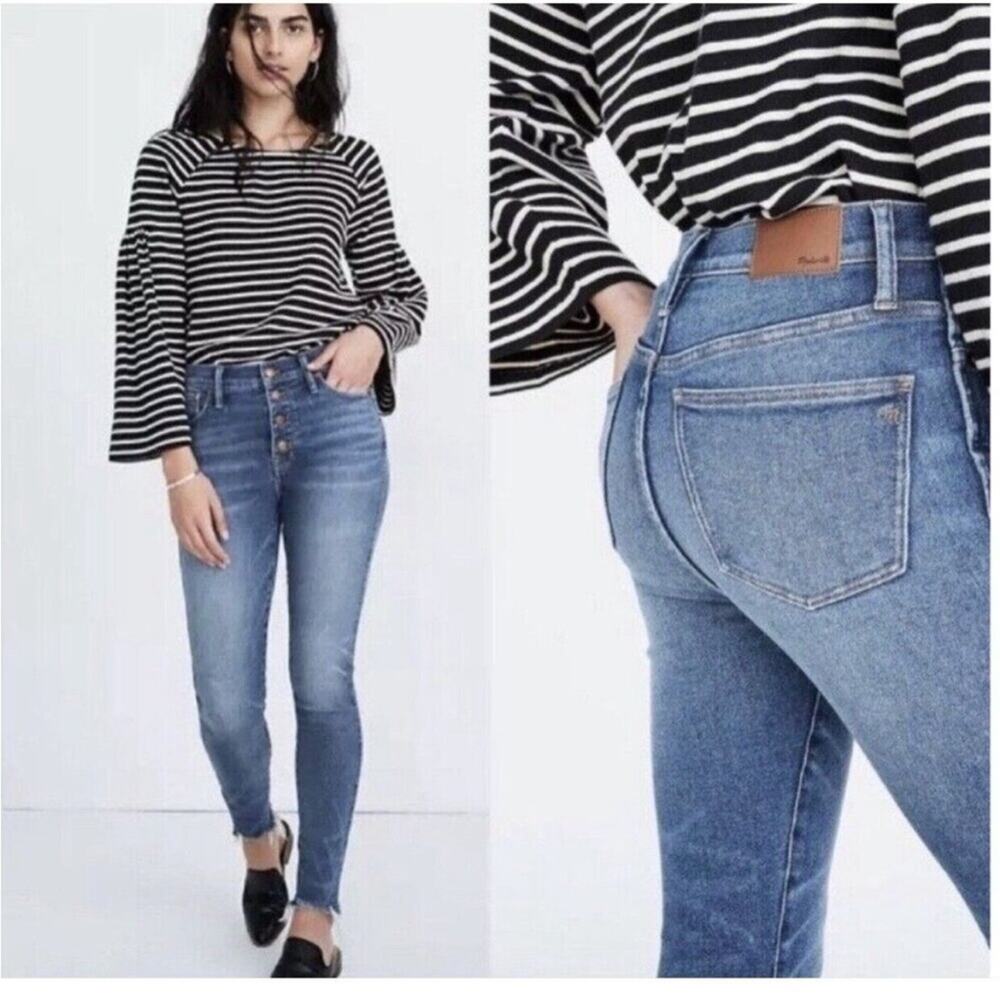 Madewell 10in High Rise Skinny Button Fly Distressed Raw Hem Jeans